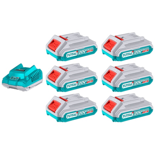 [20176] KIT DE 6 BATERIAS DE 20V (2.0 AH) + CARGADOR INDUSTRIAL TOTAL (UTFBCLI2062)