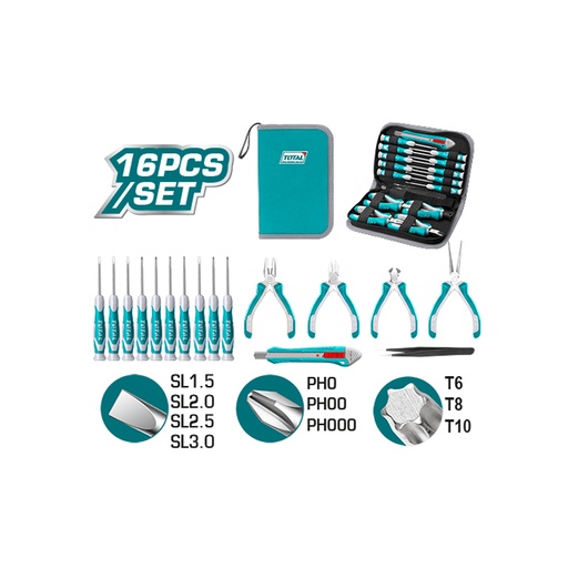[15675] KIT DE HERRAMINETAS X 16 PZS (INCLUYE 10 DESTORNILLADORES RELOJEROS) TOTAL (TKTTSK0162)