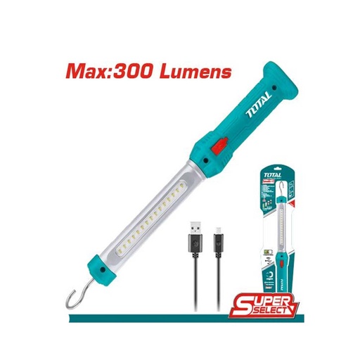 [16323] LAMPARA DE TRABAJO 300 LUMENES RECARGABLE CON GANCHO SUPER SELECT TOTAL (TWLI35261)