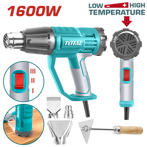 [20386] PISTOLA CALOR CON TEMPERATURA AJUSTABLE 1600W INCLUYE 3 BOQUILLAS Y 1 RASCADOR INDUSTRIAL TOTAL (UTB16045)