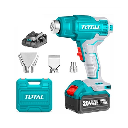 [16773] PISTOLA CALOR INALAMBRICA  20V INCLUYE 3 BOQUILLAS 1 BATERIA 4.0AH Y 1  CARGADOR INDUSTRIAL TOTAL (UTBLI20025)