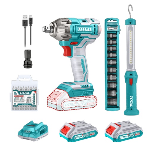[20178] PISTOLA IMPACTO INALAMBRICA 1/2 20V 300 NM INCLUYE 2 BATERIAS 1 CARGADOR 1 LAMPARA DE TRABAJO 1 ADAPTADOR Y 10 PUNTAS TALADRO TOTAL (UTOSLI231004)