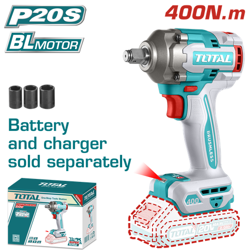 [20953] PISTOLA IMPACTO INALAMBRICA 1/2 20V 400NM  INCLUYE 3 COPAS 17,19,21 MM, CARGADOR Y BATERIA SE VENDEN POR SEPARADO INDUSTRIAL SUPER TOTAL (TIWLI20401)