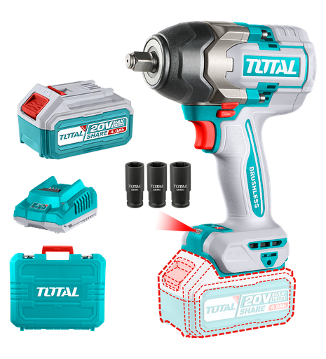 [20935] PISTOLA IMPACTO INALAMBRICA 1/2" 20V 850 N.M INCLUYE 2 BATERIAS 1 CARGADOR INDUSTRIAL  SUPER TOTAL (UTIWLI2085)