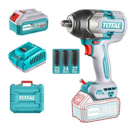 [20935] PISTOLA IMPACTO INALAMBRICA 1/2" 20V 850 N.M INCLUYE 2 BATERIAS 1 CARGADOR INDUSTRIAL  SUPER TOTAL (UTIWLI2085)