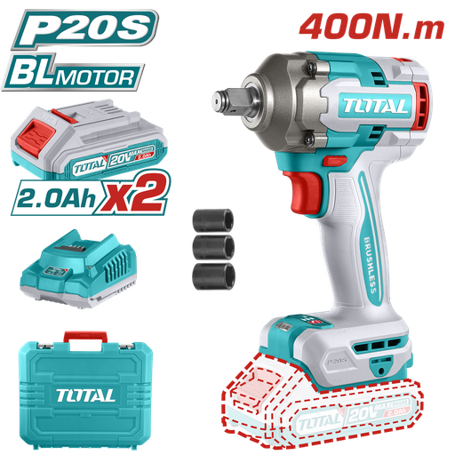 [20549] PISTOLA IMPACTO INALAMBRICO 1/2 20V 400NM INCLUYE 2 BATERIAS 1 CARGADOR Y 3 COPAS 17,19,21 MM INDUSTRIAL TOTAL (UTIWLI2040)