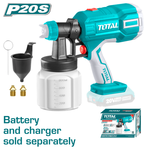 [20552] PISTOLA PINTAR INALAMBRICA 800ML 20V INCLUYE AGUJA DE LIMPIEZA Y DOS BOQUILLAS, BATERIA Y CARGADOR NO INCLUIDO TOTAL (TSGLI2003)