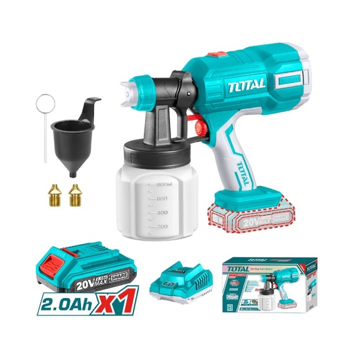 [20553] PISTOLA PINTAR INALAMBRICA 800ML 20V INCLUYE BATERIA 20V, CARGADOR, AGUJA DE LIMPIEZA Y DOS BOQUILLAS, TOTAL (UTSGLI20406)