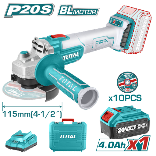 [20002] PULIDORA INALAMBRICA 4 1/2 INDUSTRIAL 20 V 1200W INCLUYE BATERIA 4.0 AH, CARGADOR Y 10 DISCOS, MOTOR SIN ESCOBILLAS TOTAL (UTAGLI2011587)