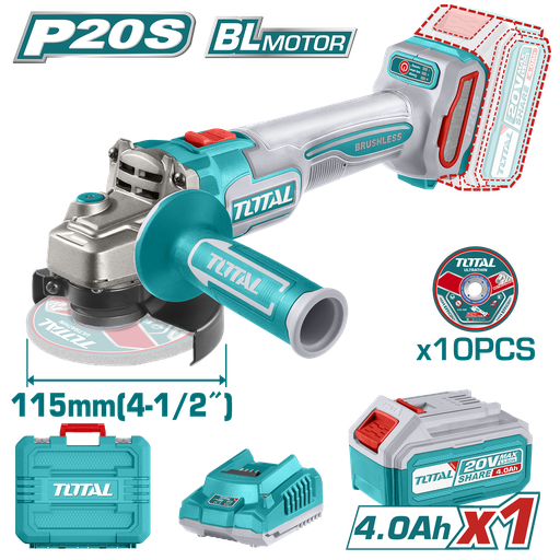 [20380] PULIDORA INALAMBRICA 4 1/2 INDUSTRIAL 20V 900W INCLUYE 10 DISCOS PARA CORTE DE METAL 1 BATERIA Y CARGADOR INDUSTRIAL, MOTOR SIN ESCOBILLAS TOTAL (UTAGLI211541)