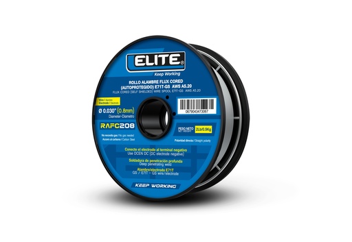 [20234] ROLLO ALAMBRE FLUX CORED (AUTOPROTEGIDO) E71T-GS 100MM 2LB (0,9KG) 0,8MM (0.030) ELITE (RAFC208)
