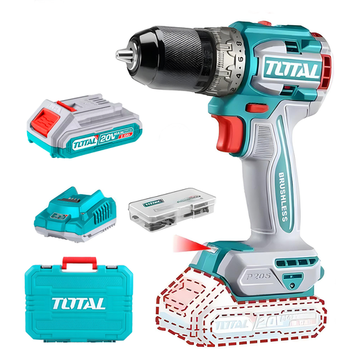 [20001] TALADRO ATORNILLADOR INALAMBRICO 1/2 20V INCLUYE 2 BATERIA DE 2.0AH, CARGADOR,47 ACCESORIOS TOTAL (UTDLI20602)