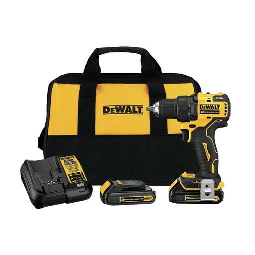 [16168] TALADRO ATORNILLADOR PERCUTOR ATOMIC RECARGABLE DEWALT 2 BATERIAS 1/2 20V SIN ESCOBILLAS (DCD709D2-B3) CAJA CARTON