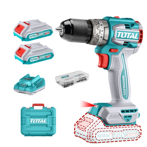 [20396] TALADRO DE IMPACTO INALAMBRICO 1/2 20V 60NM INCLUYE 2 BATERIA DE 2.0AH, CARGADOR,47 ACCESORIOS,3 BROCAS CONCRETO TOTAL (UTIDLI20602)