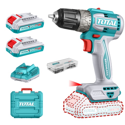 [20550] TALADRO INALAMBRICO 1/32 3/8" 20V 52NM INCLUYE 2 BATERIA DE 2.0AH, CARGADOR,47 ACCESORIOS TOTAL (UTDLI20453)