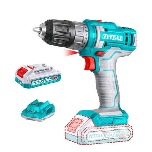 [18734] TALADRO INALAMBRICO 1/32/3/8" 20V INCLUYE 1 BATERIA 2.0Ah Y 1 CARGADOR INDUSTRIAL TOTAL(UTDLI200518)
