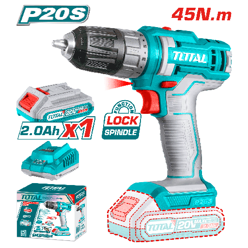 [18734] TALADRO INALAMBRICO 1/32/3/8" 20V INCLUYE 1 BATERIA 2.0Ah Y 1 CARGADOR INDUSTRIAL TOTAL(UTDLI200518)