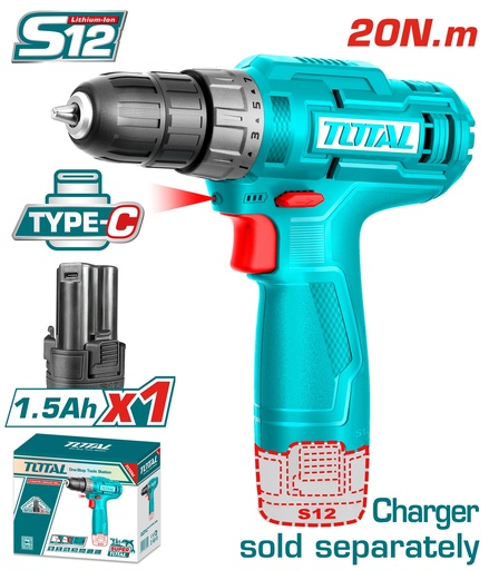 [17966] TALADRO INALAMBRICO 3/8 (10MM) 12V TOTAL INCLUYE 1 BATERIA DE 1.5AH NO INCLUYE CARGADOR(TDLI12428)