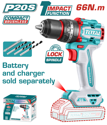 [21244] TALADRO ATORNILLADOR INALAMBRICO 1/2 20V 66 NM BATERIA Y CARGADOR SE VENDEN POR SEPARADO ,INCLUYE 4 ACCESORIOS INDUSTRIAL SUPER TOTAL (TIDLI206681)