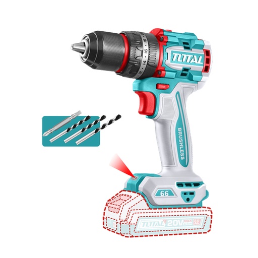 [21244] TALADRO PERCUTOR ATORNILLADOR INALAMBRICO 1/2 20V 66NM BATERIA Y CARGADOR SE VENDEN POR SEPARADO, INCLUYE 4 ACCESORIOS INDUSTRIAL SUPER TOTAL (TIDLI206681)