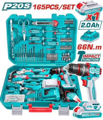 [21245] TALADRO INALAMBRICO 1/2 20V 66NM + BATERIA 20V + KIT DE HERRAMIENTAS 165 PZS TOTAL (UTHKTHP11652)