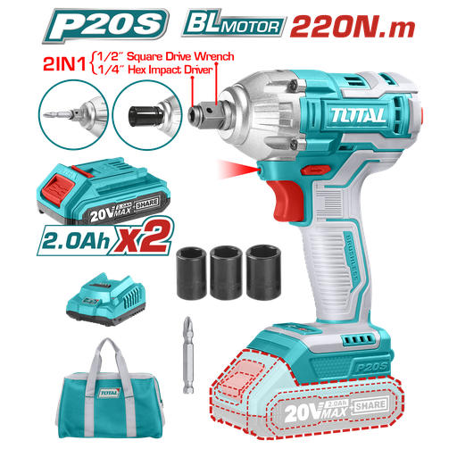 [21397] PISTOLA IMPACTO 1/2 20V 230 NM INCLUYE 2 BATERIAS 1 CARGADOR COPAS DE 171921 Y PUNTA DESTORNILLADOR TOTAL(UTIWLI20236)