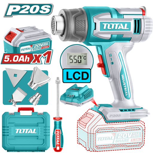 [21400] PISTOLA CALOR INALAMBRICA  20V CON TEMPERATURA AJUSTABLE PANTALLA LCD INCLUYE 4 BOQUILLAS 1 BATERIA 5.0AH Y 1 CARGADOR INDUSTRIAL SUPER TOTAL (UTBLI20035)