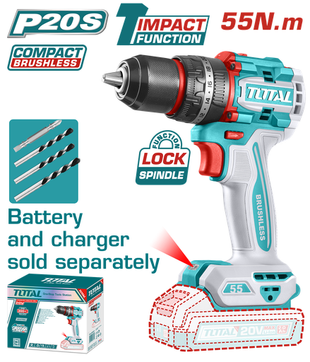 [21423] TALADRO INALAMBRICO PERCUTOR  1/2" 20V 55 N.M CARGADOR Y BATERIA NO INCLUIDO SUPER TOTAL (TIDLI205581)