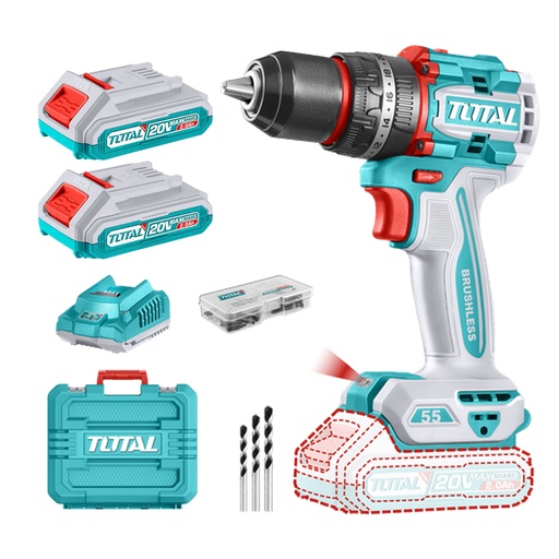 [21424] TALADRO DE INALAMBRICO  PERCUTOR 1/2 20V 55 N.M INCLUYE 2 BATERIA DE 2.0AH, CARGADOR,47 ACCESORIOS,3 BROCAS CONCRETO INDUSTRIAL SUPER TOTAL (UTIDLI20558)