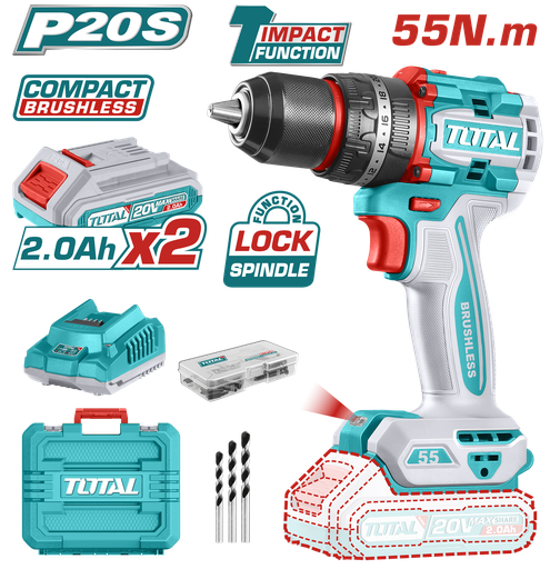 [21424] TALADRO INALAMBRICO  PERCUTOR 1/2 20V 55 N.M INCLUYE 2 BATERIA DE 2.0AH, CARGADOR,47 ACCESORIOS,3 BROCAS CONCRETO INDUSTRIAL SUPER TOTAL (UTIDLI20558)