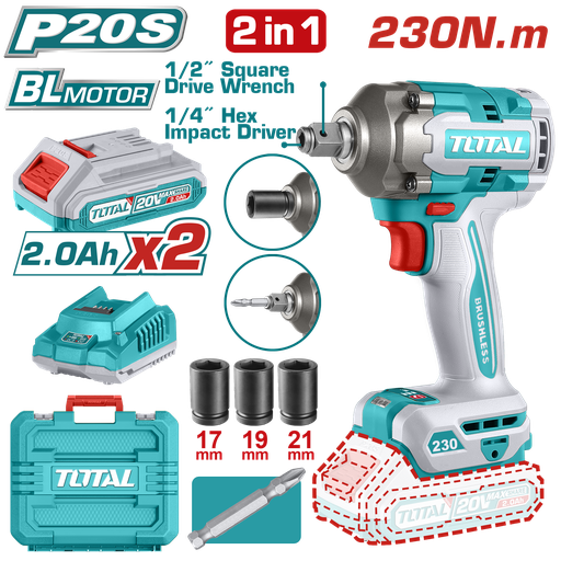 [21426] PISTOLA IMPACTO 20V 230 NM  INCLUYE 2 BATERIAS 1 CARGADOR COPAS DE 17,19,21 Y PUNTA DESTORNILLADOR INDUSTRIAL SUPER TOTAL(UTIWLI20236A)