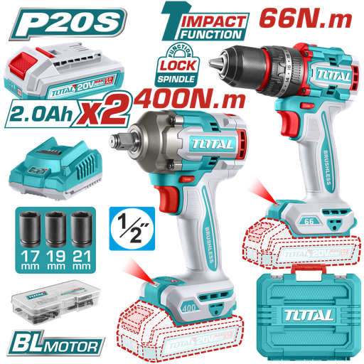 [21466] COMBO INALAMBRICO TALADRO 1/2" 66 N.M + PISTOLA DE IMPACTO 1/2" 20V 400 N.M  INCLUYE 2 BATERIA 2.0AH , 1 CARGADOR Y ACCESORIOS SUPER TOTAL (UTCKLI20275)