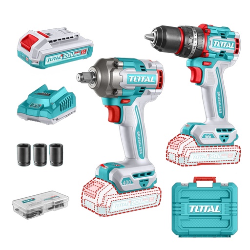 [21466] COMBO INALAMBRICO TALADRO 1/2" 66 N.M + PISTOLA IMPACTO 1/2" 20V 400 N.M  INCLUYE 2 BATERIAS 2.0AH , 1 CARGADOR Y ACCESORIOS SUPER TOTAL (UTCKLI20275)