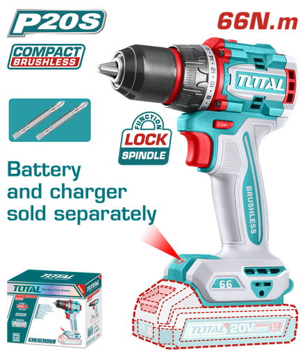 [21472] TALADRO INALAMBRICO 1/2 20V 66 N.M INCLUYE 2 PUNTA TALADRO  BATERIA Y CARGADOR SE VENDE POR SEPARADO INDUSTRIAL SUPER TOTAL (TDLI206681)