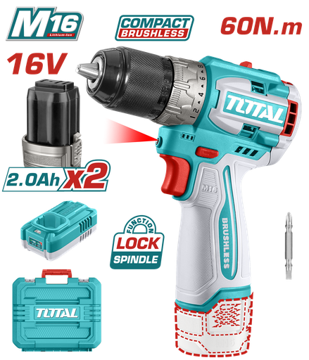 [21497] TALADRO INALAMBRICO 1/2 16V 60NM INCLUYE 2 BATERIAS 2,0AH Y CARGODOR  INDUSTRIAL SUPER TOTAL (UTDLI16682)