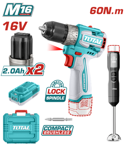 [21500] TALADRO INALAMBRICO 1/2 16V 60NM INCLUYE 2 BATERIAS 2,0AH + CARGODOR  + BATIDORA DE MANO INDUSTRIAL SUPER TOTAL (UTCKLI1628)