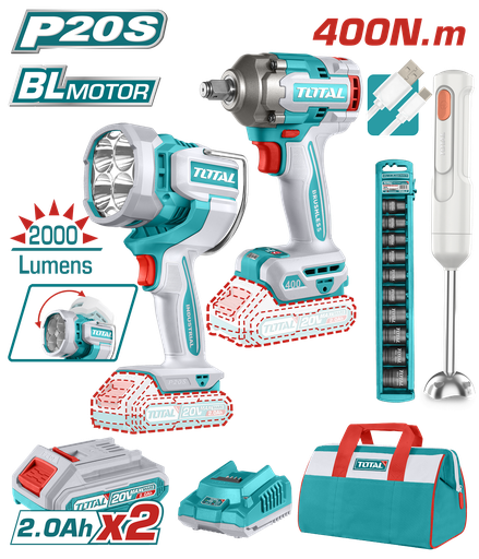 [21511] COMBO INALAMBRICO 20V PISTOLA IMPACTO INALAMBRICA 1/2 400 NM + LAMPARA DE TRABAJO INALAMBRICA 2000 LUMENES + BATIDORA RECARGABLE  INCLUYE 2 BATERIAS 2.0 AH, CARGADOR Y COPAS INDUSTRIAL SUPER TOTAL ( UTOSLI240961)  