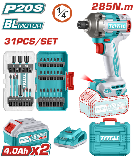 [21513] ATORNILLADOR DE IMPACTO INALAMBRICO 1/4 20V 285NM + JUEGO DE PUNTAS X 31 PZS INCLUYE 2 BATERIAS 4.0AH Y CARGADOR  INDUSTRIAL SUPER TOTAL (UTOSLI240966)