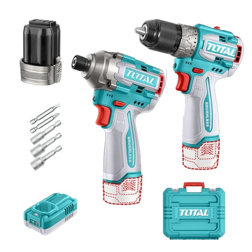 [21515] COMBO INALAMBRICO  16V TALADRO 1/2" 60NM + ATORNILLADOR DE IMPACTO 170NM INCLUYE 2 BATERIAS, 1 CARGADOR  COPA TORNILLO INDUSTRIAL SUPER TOTAL (UTOSLI240968)