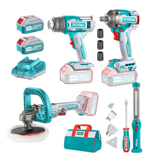 [21519] COMBO INALAMBRICO 20V POLICHADORA  7" + PISTOLA IMPACTO 1/2 400 N.M + PISTOLA DE CALOR + LAMPARA DE TRABAJO  300 LUMENES INCLUYE 2 BATERIAS 5.0AH, 1 CARGADOR  Y  ACCESORIOS INDUSTRIAL SUPER TOTAL (UTOSLI241182)