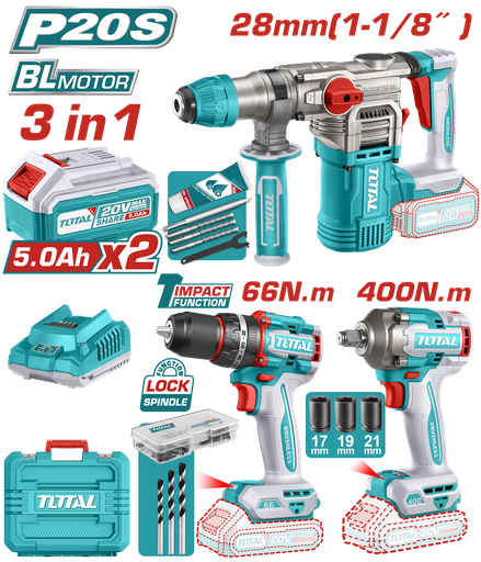 [21520] COMBO INALAMBRICO  20V  TALADRO  ATORNILLADOR 1/2" 66 NM  + PISTOLA DE IMPACTO 1/2" 400 NM + TALADRO ROTOMARTILLO SDS PLUS  4.5 JULES  INCLUYE 2 BATERIA 5.0AH , 1 CARGADOR Y ACCESORIOS  INDUSTRIAL  SUPER TOTAL (UTCKLI20638)