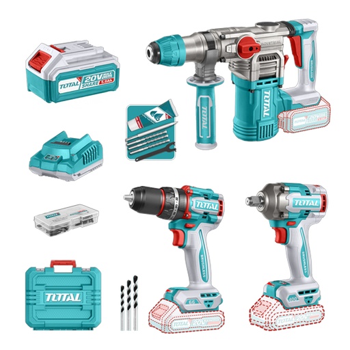 [21520] COMBO INALAMBRICO 20V TALADRO ATORNILLADOR 1/2" 66 NM  + PISTOLA IMPACTO 1/2" 400 NM + TALADRO ROTOMARTILLO SDS PLUS 4.5 JULES INCLUYE 2 BATERIA 5.0AH ,1 CARGADOR Y ACCESORIOS INDUSTRIAL SUPER TOTAL (UTCKLI20638)