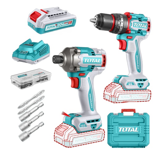 [21523] COMBO INALAMBRICO TALADRO 1/2" 66 N.M + ATORNILLADOR DE IMPACTO 1/4" 20V 285 N.M INCLUYE 2 BATERIA 2.0AH , 1 CARGADOR Y ACCESORIOS INDUSTRIAL SUPER TOTAL (UTCKLI20277)