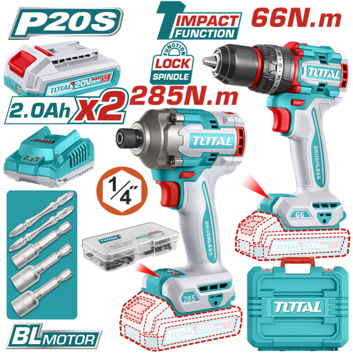 [21523] COMBO INALAMBRICO TALADRO 1/2" 66 N.M + ATORNILLADOR DE IMPACTO 1/4" 20V 285 N.M INCLUYE 2 BATERIA 2.0AH , 1 CARGADOR Y ACCESORIOS INDUSTRIAL SUPER TOTAL (UTCKLI20277)