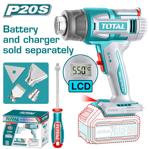 [21524] PISTOLA CALOR INALAMBRICA  20V CON TEMPERATURA AJUSTABLE PANTALLA LCD INCLUYE 4 BOQUILLAS 1 RASCADOR, BATERIA  Y CARGADOR  NO INCLUIDO INDUSTRIAL SUPER TOTAL (TBLI2003)