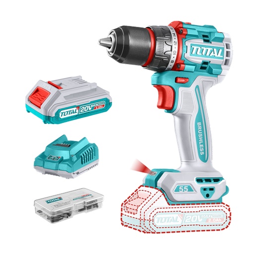 [21581] TALADRO ATORNILLADOR INALAMBRICO 1/2 20V 55NM INCLUYE 1 BATERIA DE 2.0AH, CARGADOR,47 ACCESORIOS TOTAL (UTDLI205582)