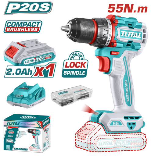 [21581] TALADRO ATORNILLADOR INALAMBRICO 1/2 20V 55NM INCLUYE 1 BATERIA DE 2.0AH, CARGADOR,47 ACCESORIOS TOTAL (UTDLI205582)