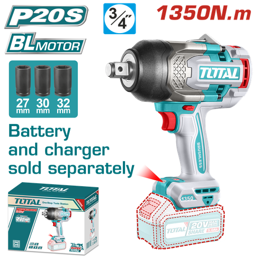 [21939] PISTOLA IMPACTO INALAMBRICA 3/4 20V 1350NM  INCLUYE 3 COPAS 27,30,32 MM, CARGADOR Y BATERIA SE VENDEN POR SEPARADO INDUSTRIAL SUPER TOTAL (TIWLI201351)