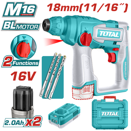 [21943] TALADRO INALAMBRICO ROTOMARTILLO SDS PLUS 11/16" 16V + 3 BROCAS INCLUYE 2 BATERIAS (2.0AH)  Y 1 CARGADOR INDUSTRIAL SUPER TOTAL (UTRHLI16168)