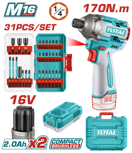 [21944] ATORNILLADOR DE IMPACTO INALAMBRICO 1/4 170NM 16V + 31 ACCESORIOS  INCLUYE 2 BATERIAS (2.0AH)  Y CARGADOR INDUSTRIAL SUPER TOTAL (UTOSLI241083)